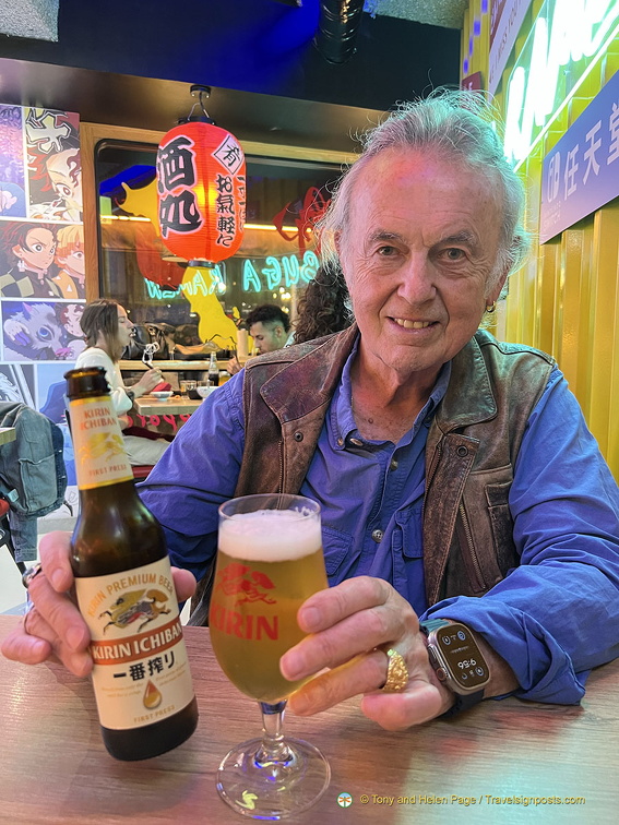 Enjoying a Kirin beer