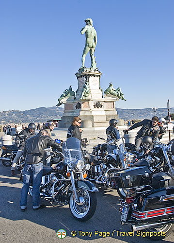 A bikies gathering around the Statue of David