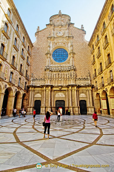 The facade of Montserrat Basilica and the inner courtyard