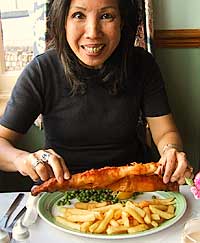 Helen enjoys fish and chips in Whitby, UK